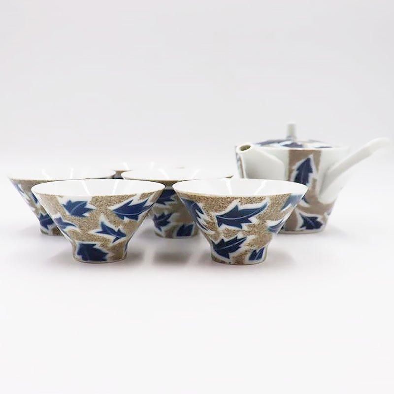 茶器セット ティーセット 日本製 昭和レトロ かわいい おしゃれ モダ ン柊 ヒイラギ 植物文様 ネイビー グレーベージュ（急須・湯呑みセット）