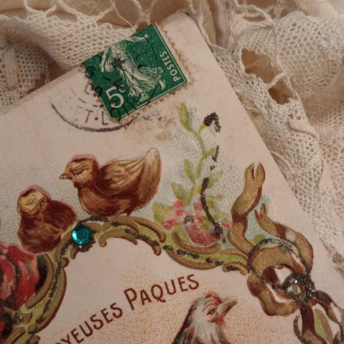 アンティークポストカード 鳥とローズ 1909年フランス製