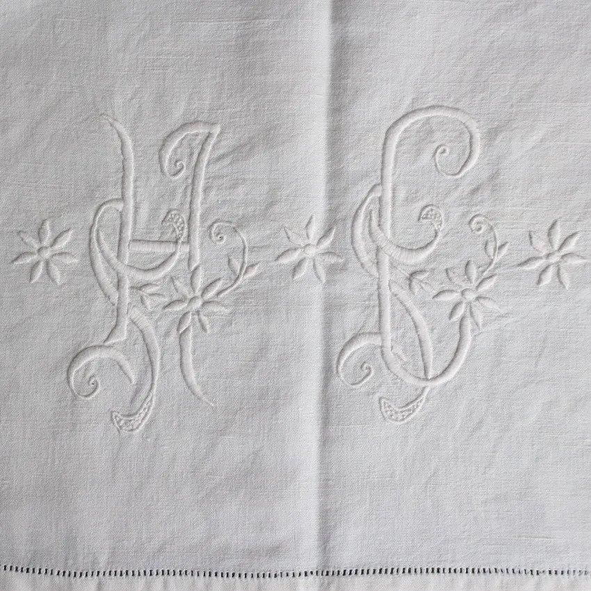 フランス アンティーク リシュリュー刺繍 ベッドカバー リネン