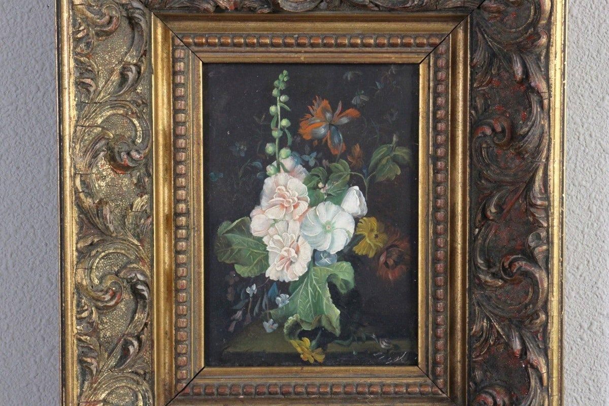 油彩画 花瓶と花 金色フレーム
