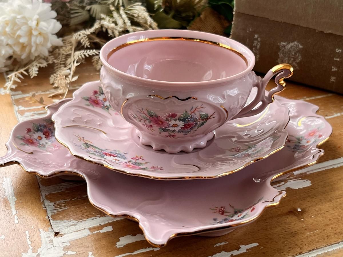 チェコ H&C ローズピンク トリオセット - ANTIQUE LEAVES チェコ H&C ローズピンク トリオセット - ANTIQUE LEAVES