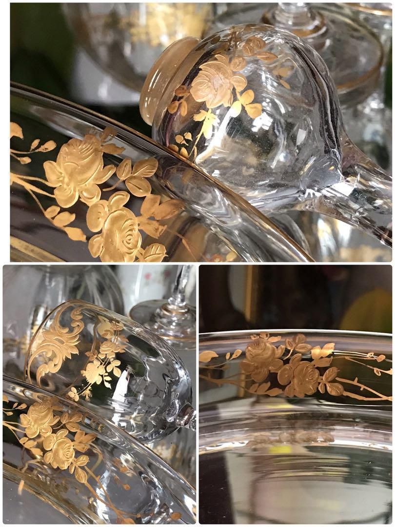 オールド・バカラ 1890年頃 珍品 高級金彩花柄トレー 小物入れ アンティーク オールドバカラ「金彩 草花文 リキュールセット トレー付き