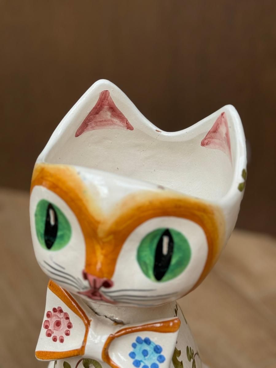 イタリア製　マヨリカ焼き　花瓶 イタリア製 マヨリカ焼き 猫型花瓶 ヴィンテージ