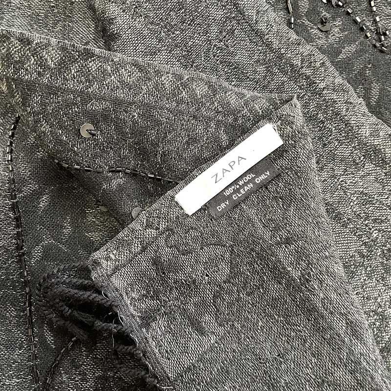 ストール 大判スカーフ ウール ZAPA 黒透け生地にビーズ刺繍 ストール 大判スカーフ ウール ZAPA 黒透け生地にビーズ刺繍