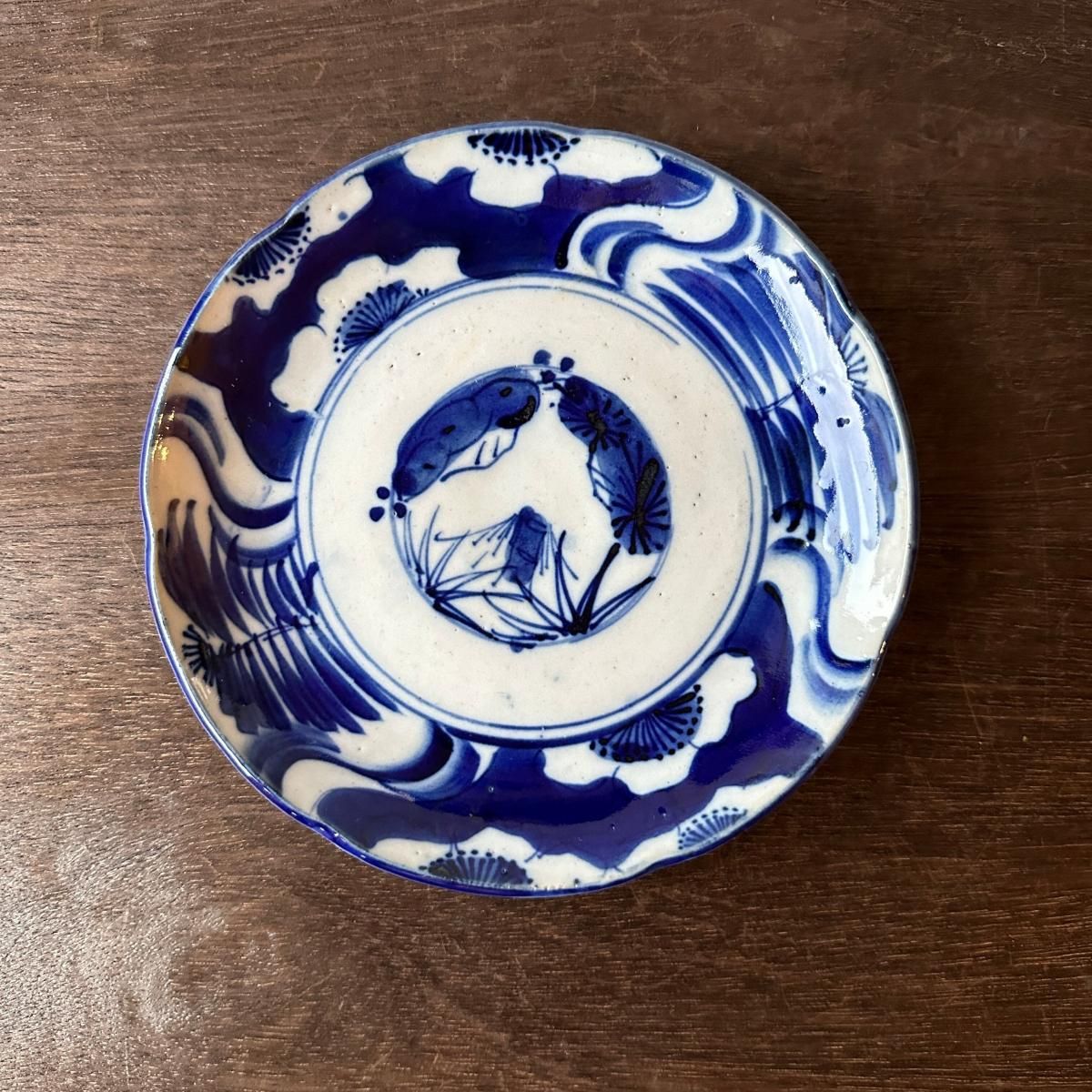 ビビッドブルーの明治時代のアンティークなます皿 朝顔