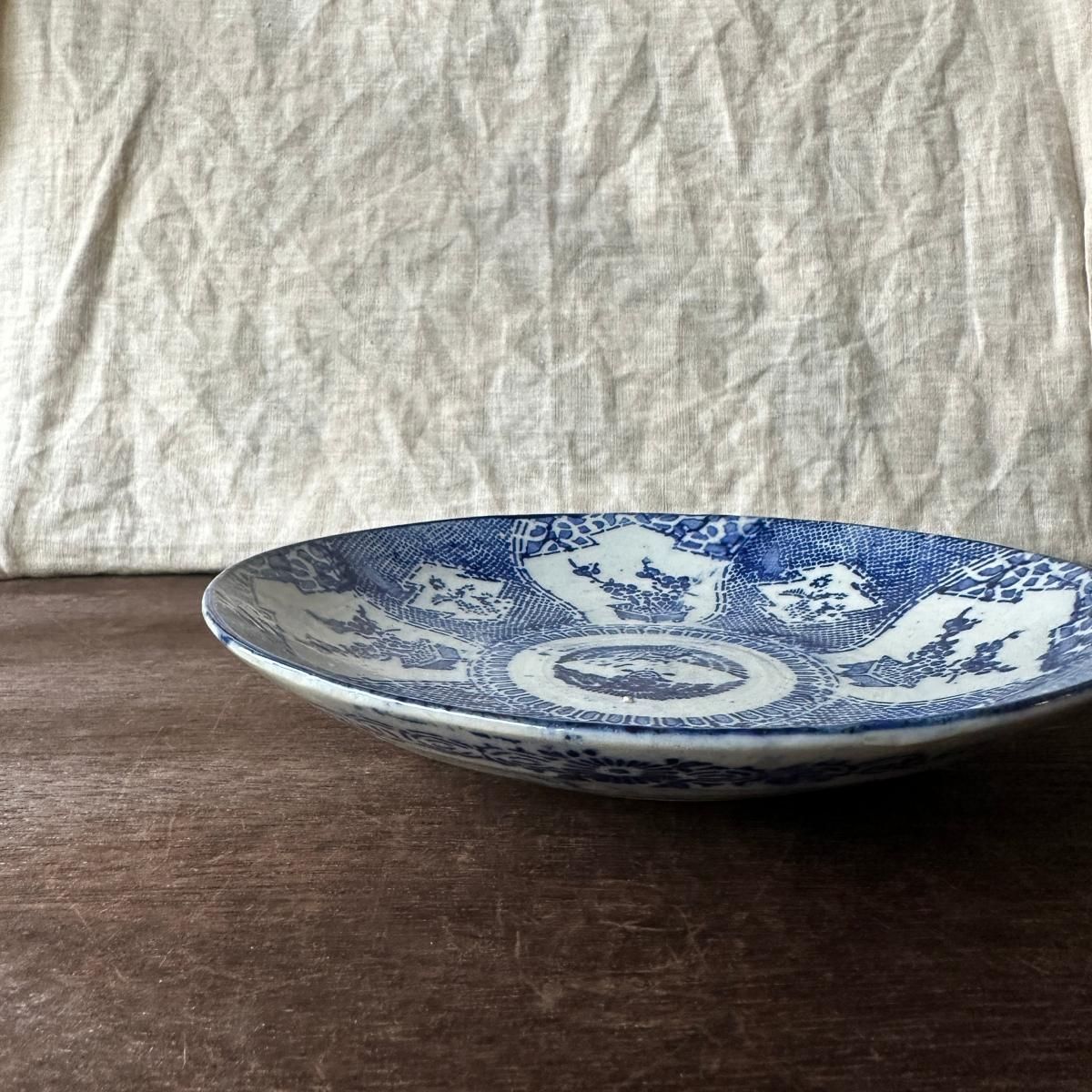 Antique Sam's Collection 染付印判獅子牡丹紋隅切り大皿