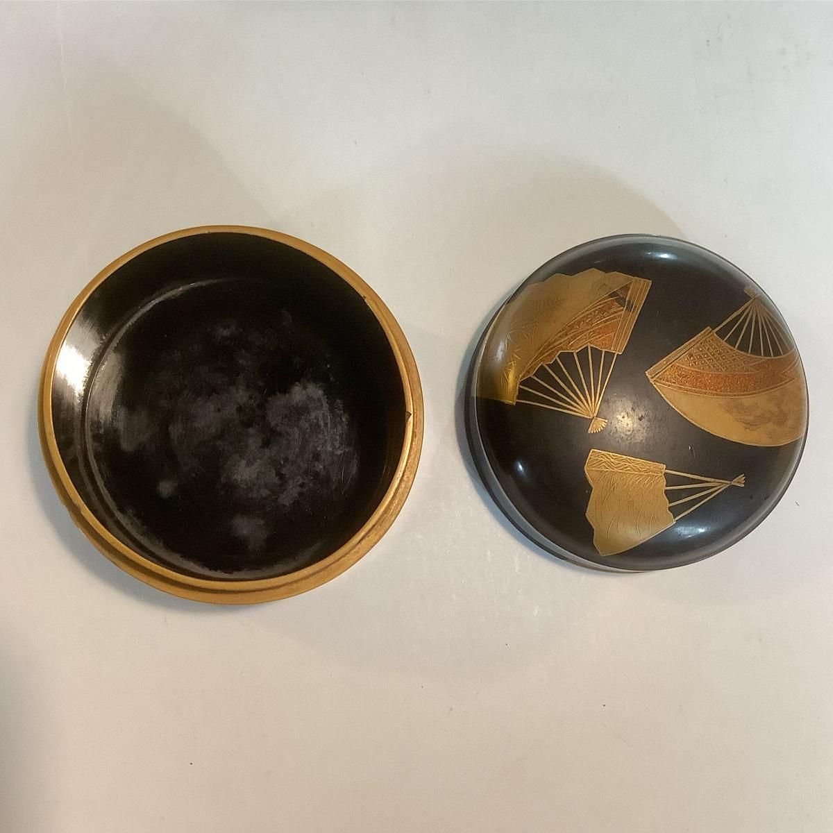 古い陶磁器小箱/幕末明治化粧香水瓶/日本富士山水画小物道具入