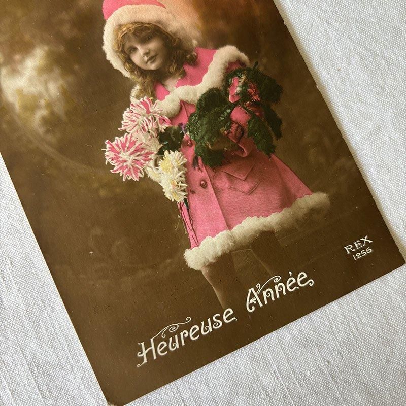 1920年頃の少女ポストカード 彩色写真 Bonne Annee