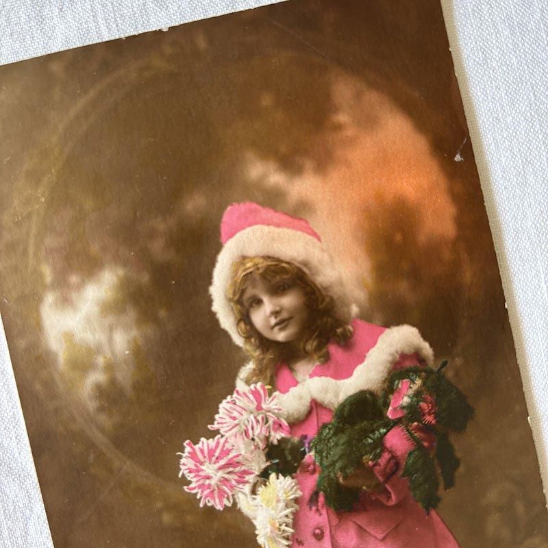 1920年頃の少女ポストカード 彩色写真 Bonne Annee