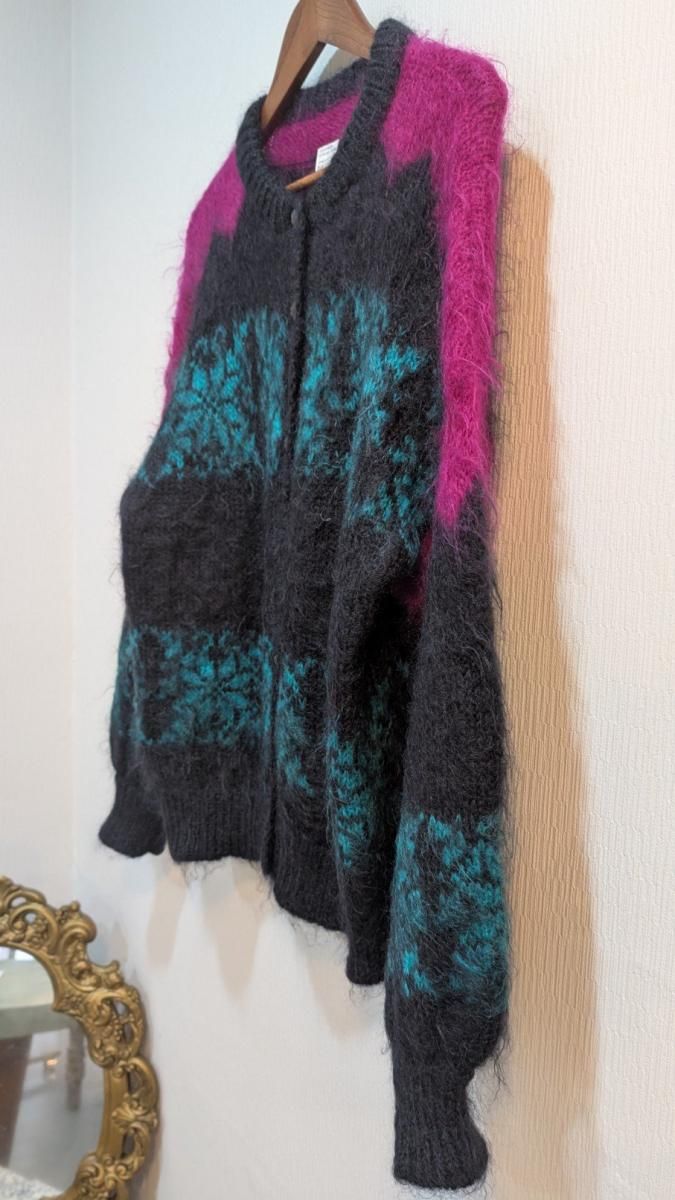 80s - vintage モヘアカーディガン　イタリア製　総柄　黒　ピンク 80s - vintage モヘアカーディガン イタリア製 総柄 黒 ピンク 80s