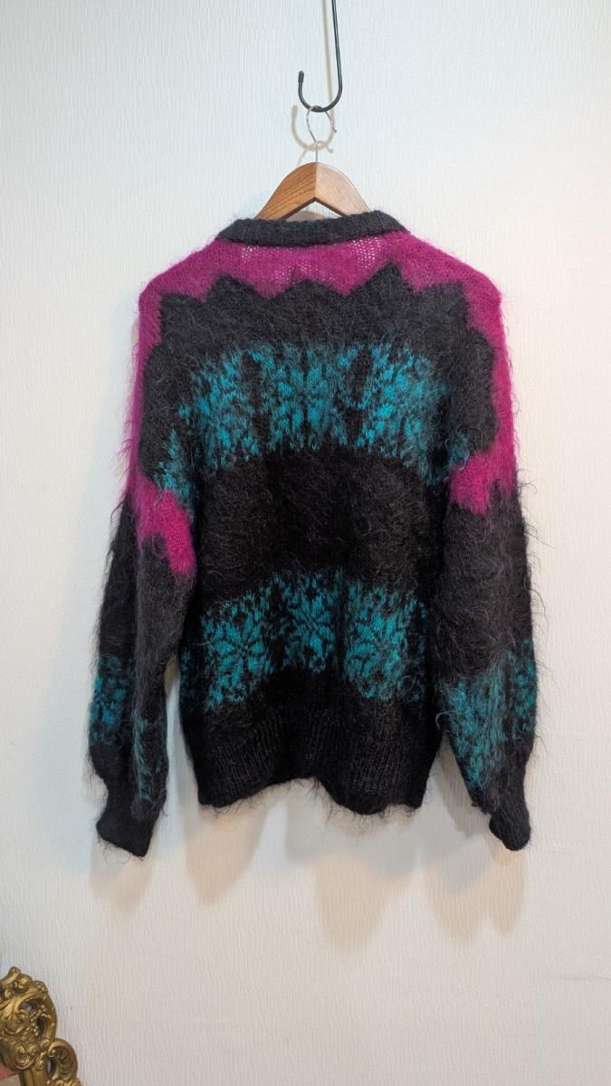 モヘアニットカーディガン ブラックピンク Lサイズ ヴィンテージ