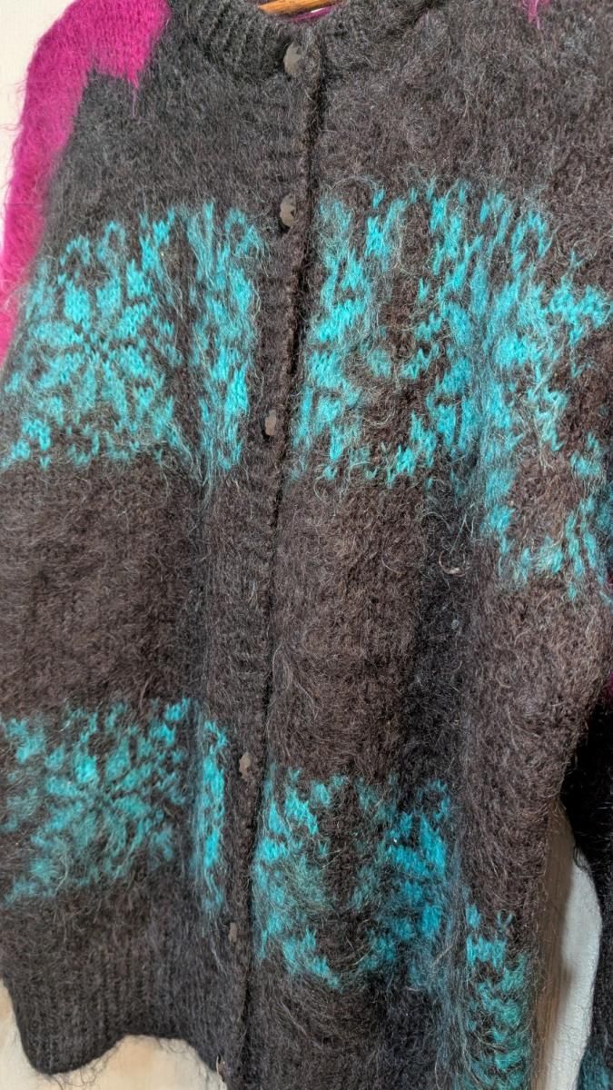 モヘアニットカーディガン ブラックピンク Lサイズ ヴィンテージ