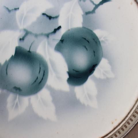 美しいりんごの花　プレート　フランスアンティーク　POMMIER リュネヴィル 金継ぎ＋フランスの名門窯リュネヴィルの レース縁の手描