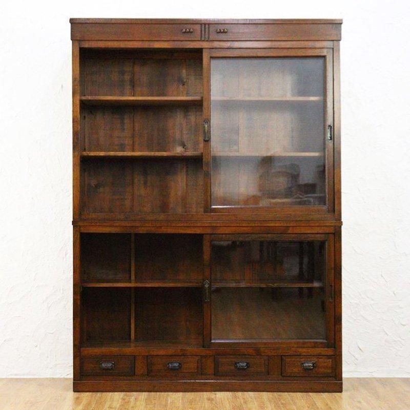 昭和レトロ　アンティーク　古道具　キャビネット　本棚　食器棚 大正昭和のケヤキ製四尺引戸食器棚