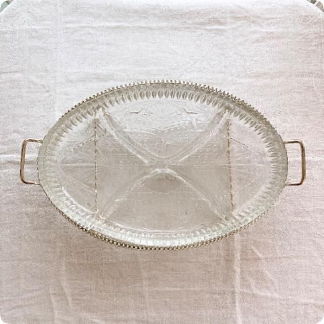 フランスアンティーク オードブルガラスプレート 4仕切 切子 フランスアンティーク オードブルガラスプレート 4仕切 切子