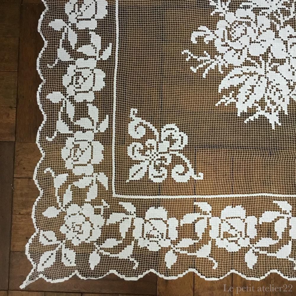 正方形) フランス アンティーク フィレレース テーブルクロス カーテン