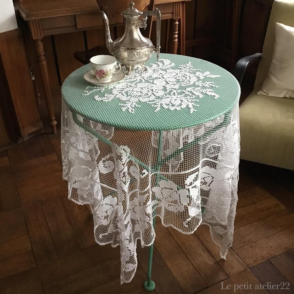 フランスアンティークテーブルクロス　フランスアンティークレース　フランスカーテン 正方形) フランス アンティーク フィレレース テーブルクロス カーテン