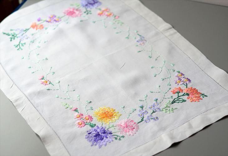 イングランドから ヴィンテージ かわいい花柄ハンド刺繍 クロス