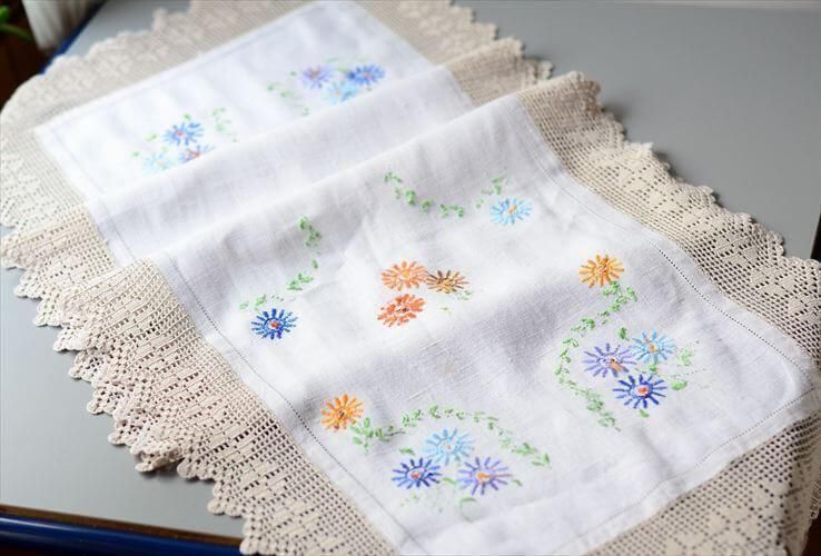 アンティークフランス 色糸小花手刺繍 リネンクロス トーションレース装飾ランナー interior_goods1688108080.jpg