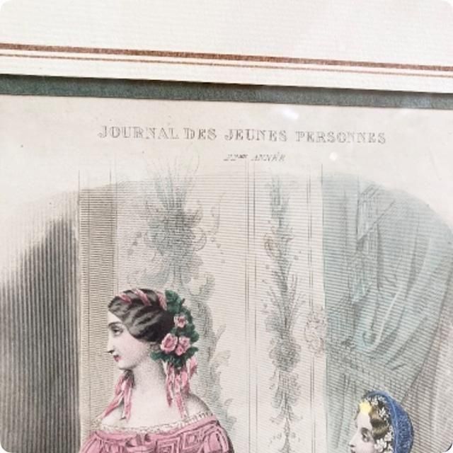 アンティークファッションイラストフレーム　フランス　額入り アンティークファッションイラストフレーム フランス 額入り