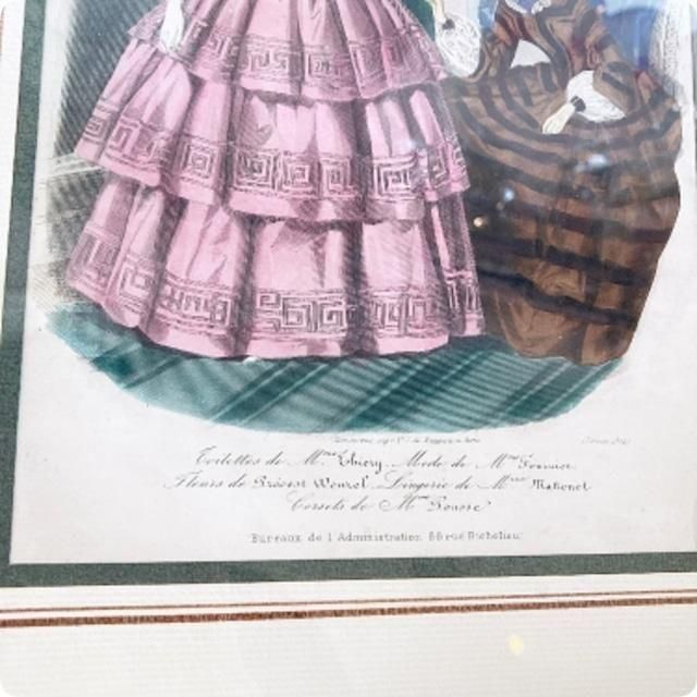 アンティークファッションイラストフレーム　フランス　額入り アンティークファッションイラストフレームフランス額入り