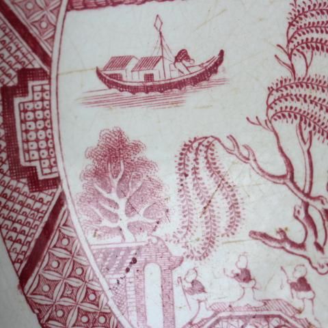 フランス製アンティーク、ピンクウィローパターンお皿