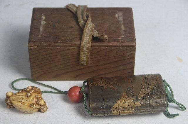 江戸時代 蒔絵印籠｜金地に橋と舟・竹林図 象牙根付・珊瑚緒締付き