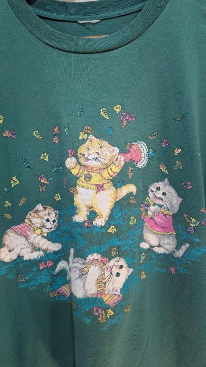 90年代ヴィンテージ猫プリントTシャツ可愛さ抜群のグリーン