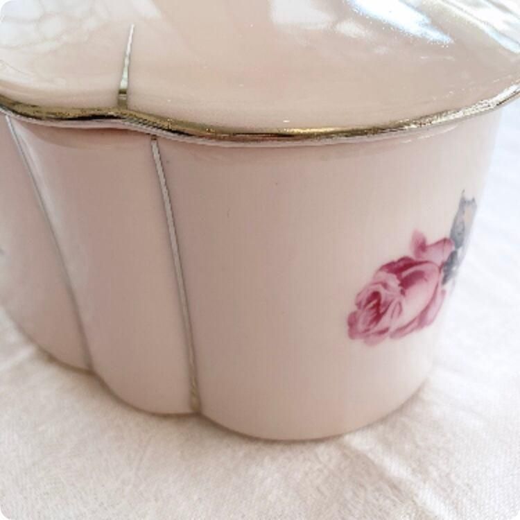 フランスアンティーク 陶器小物入れ ピンク薔薇絵柄 1900年代