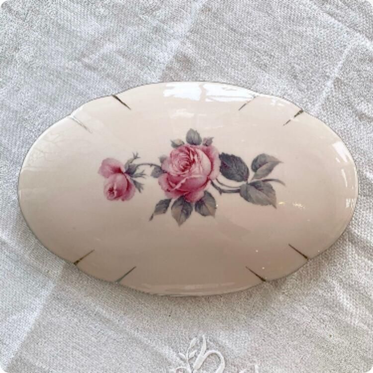 フランスアンティーク 陶器小物入れ ピンク薔薇絵柄 1900年代