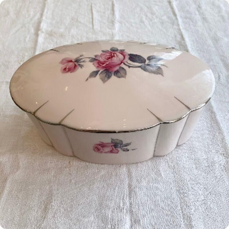 フランスアンティーク 陶器小物入れ ピンク薔薇絵柄 1900年代