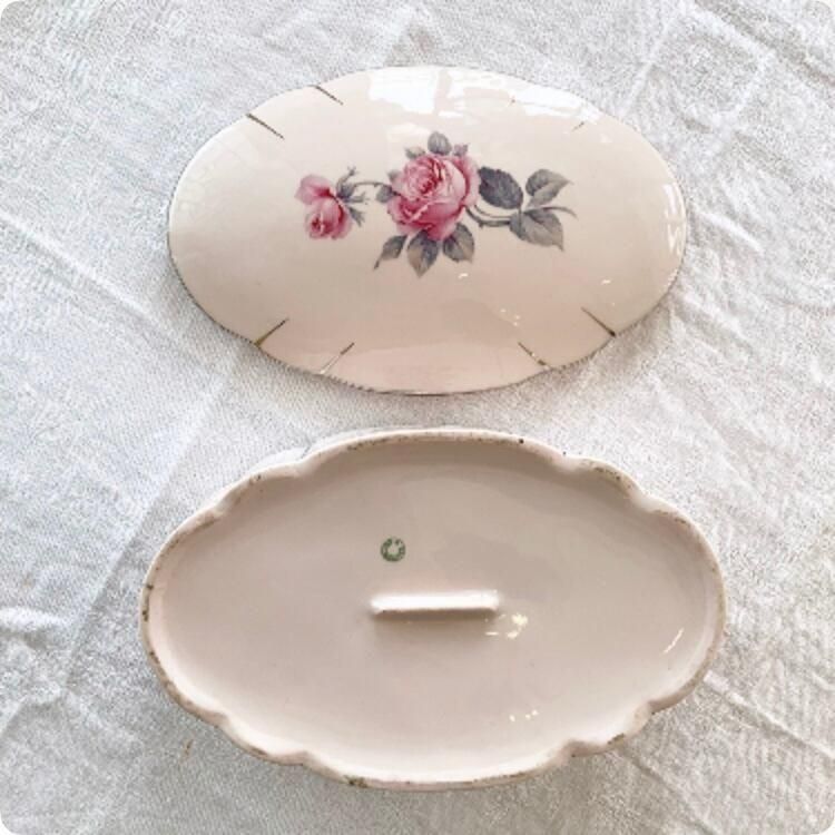 フランスアンティーク 陶器小物入れ ピンク薔薇絵柄 1900年代