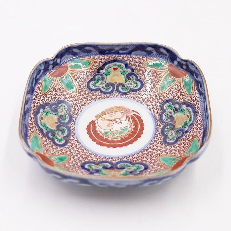 大正時代の豪華な大聖寺伊万里小皿 鳳凰赤玉唐草模様