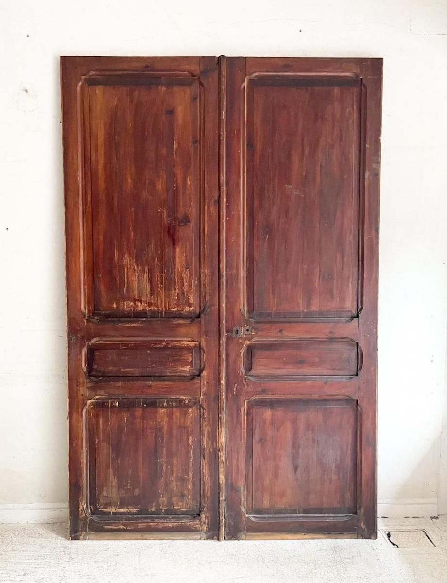 フランスアンティークペインテッドパインペアドア