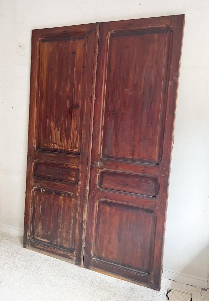 フランスアンティークペインテッドパインペアドア