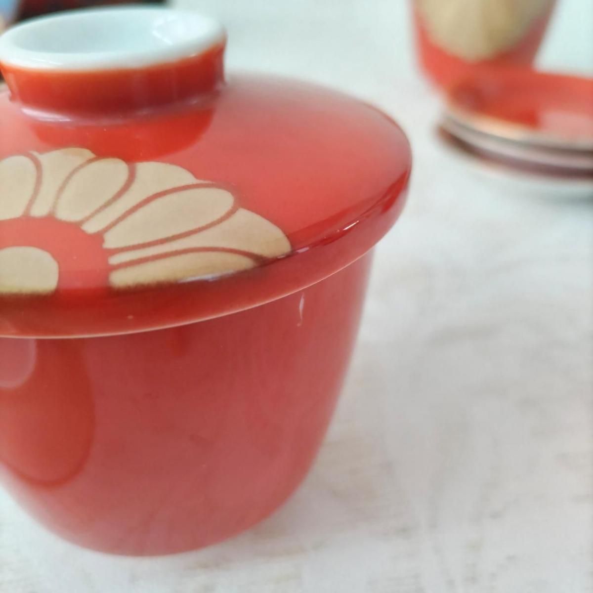 アンティーク 寿陶 蒸し碗 豆皿セット 金彩 緋色 和食器