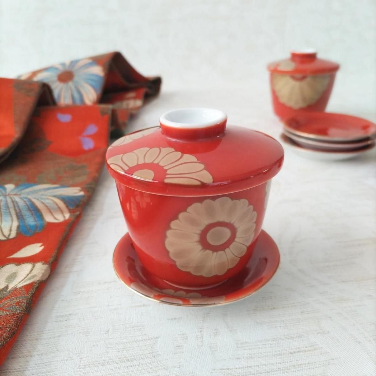 アンティーク 寿陶 蒸し碗 豆皿セット 金彩 緋色 和食器