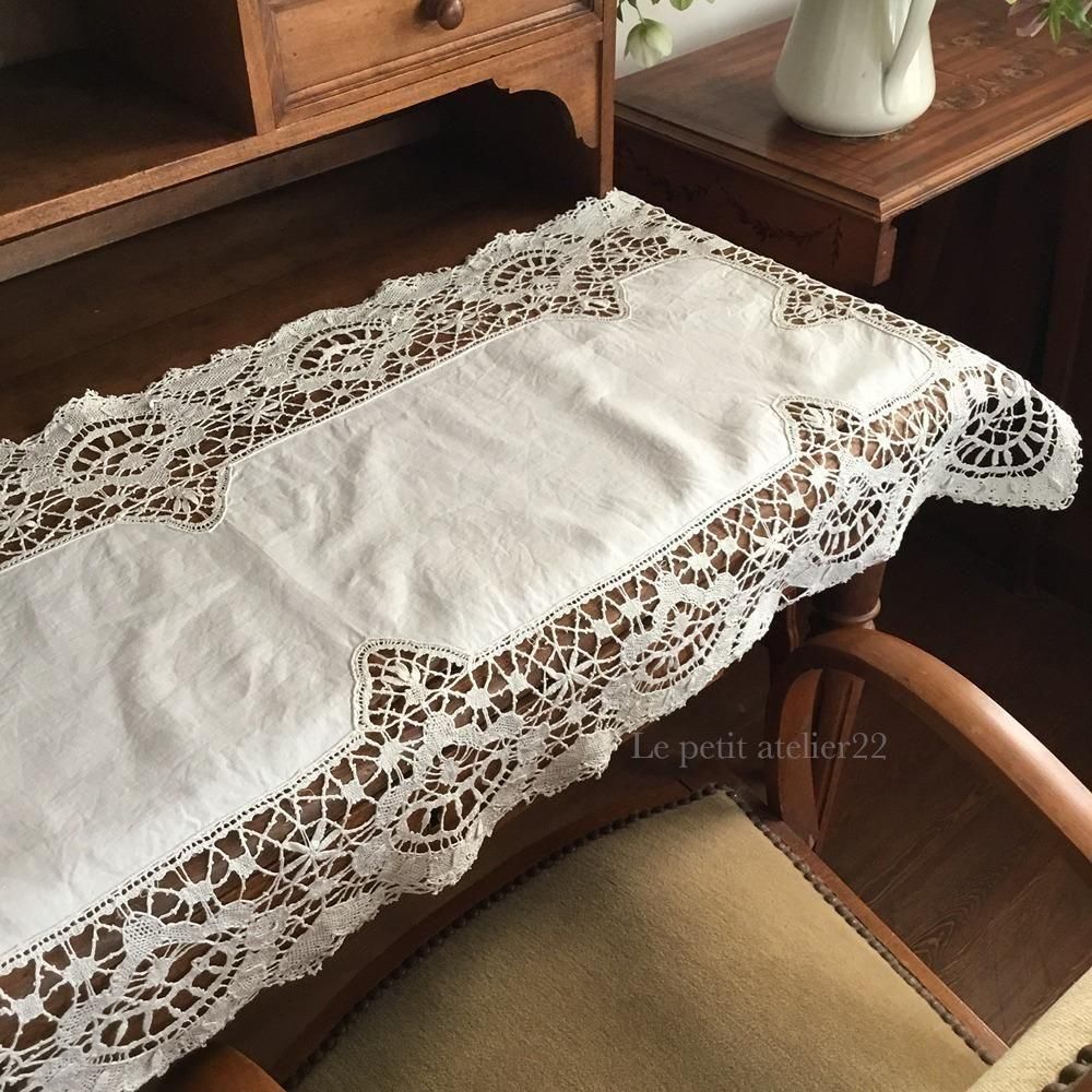 フランス アンティーク リネン テーブルランナー/テーブルセンター