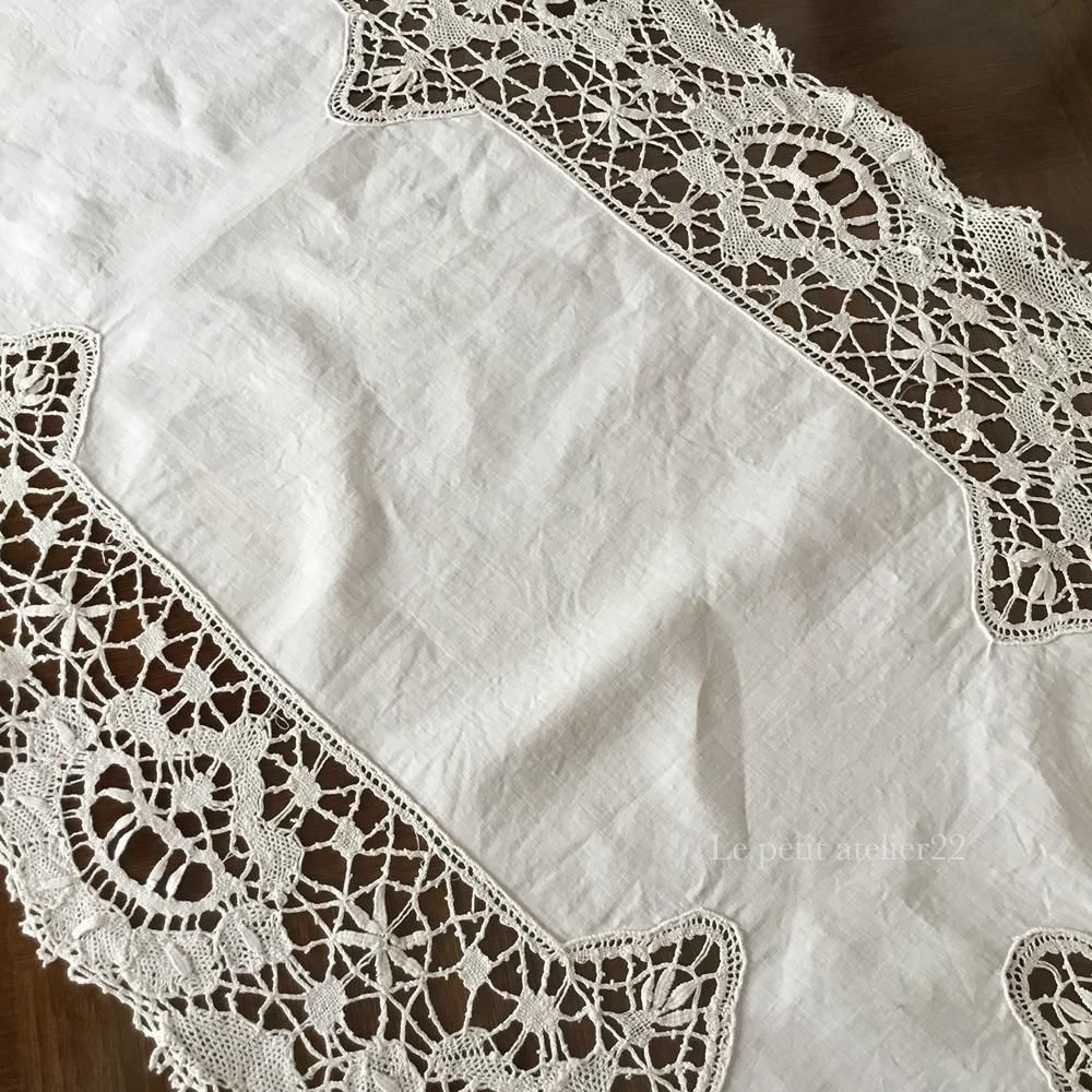 フランス アンティーク リネン テーブルランナー/テーブル