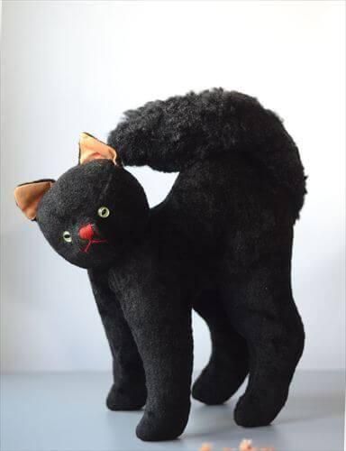 ドイツから ガラス目xモヘアの大きな黒猫 オブジェ クロネコ