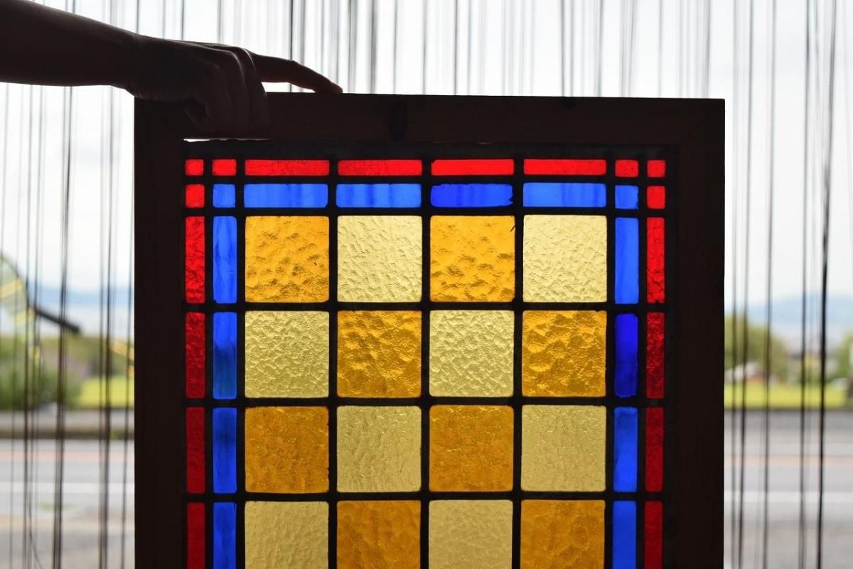 アンティーク　特大　ステンドグラス　縦　71cm×横　61cm　FG284 大きいサイズで色鮮やかなステンドグラス イギリスアンティーク 51cm