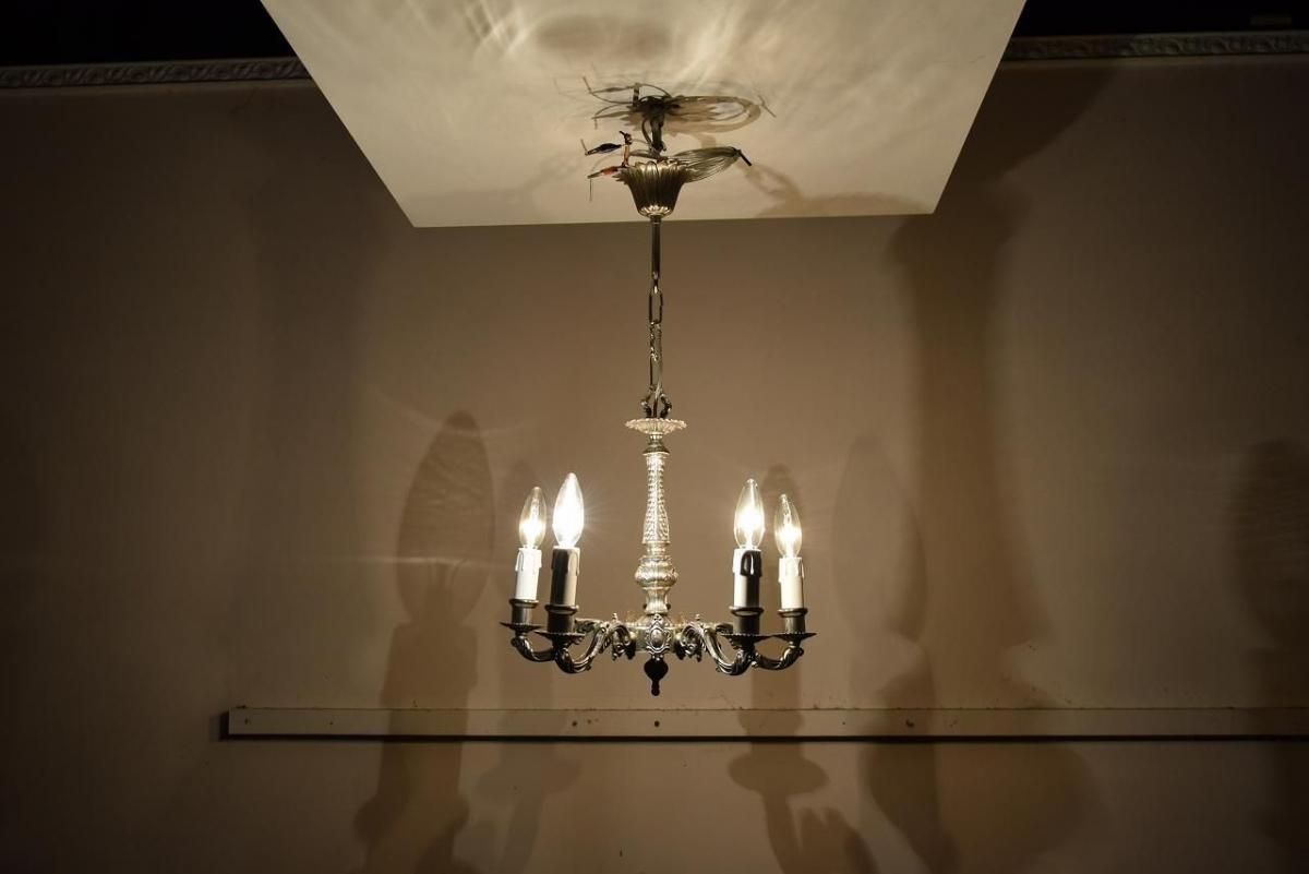 フランス製 1930年代 銀色アンティーク5灯シャンデリア