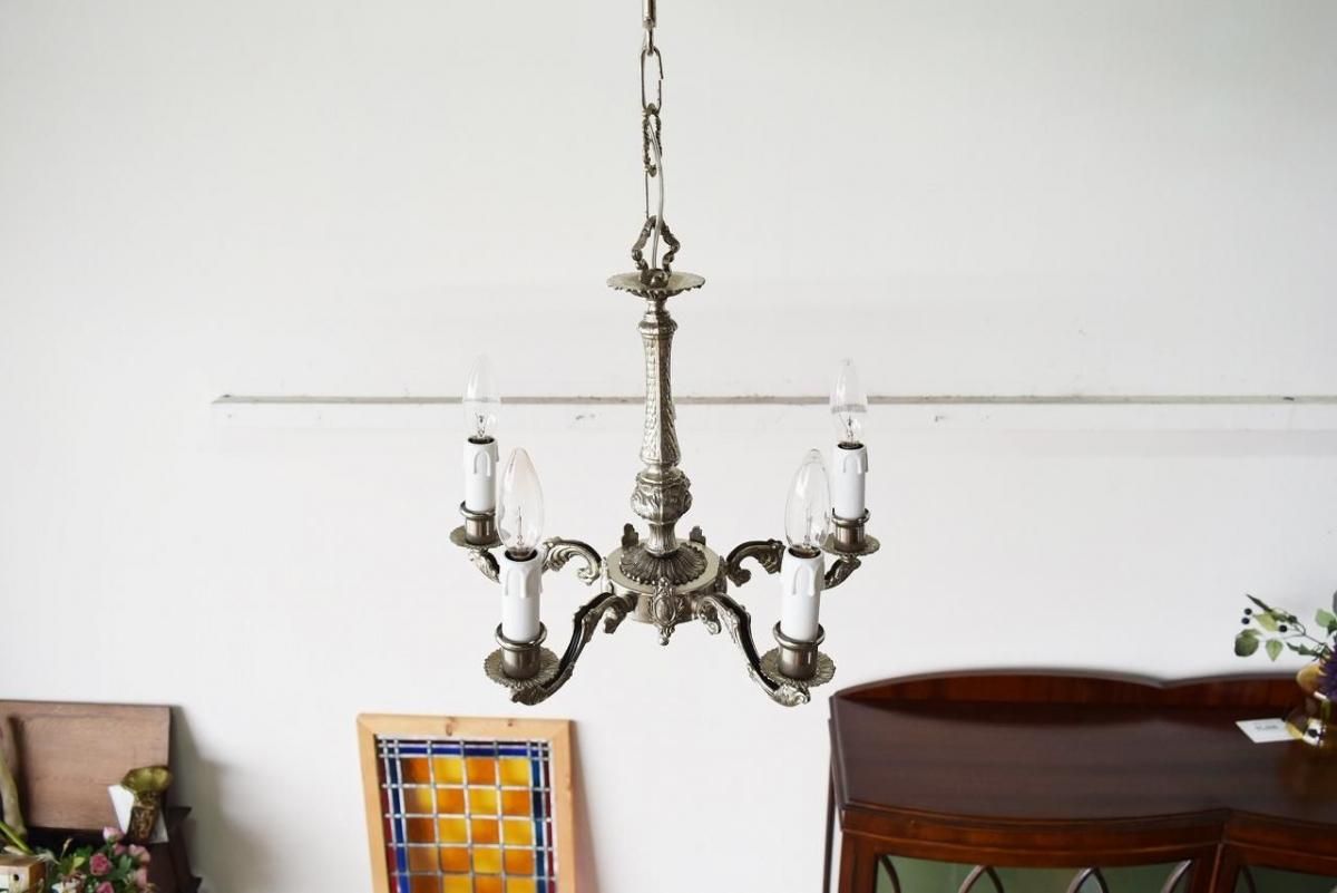 フランス製 1930年代 銀色アンティーク5灯シャンデリア