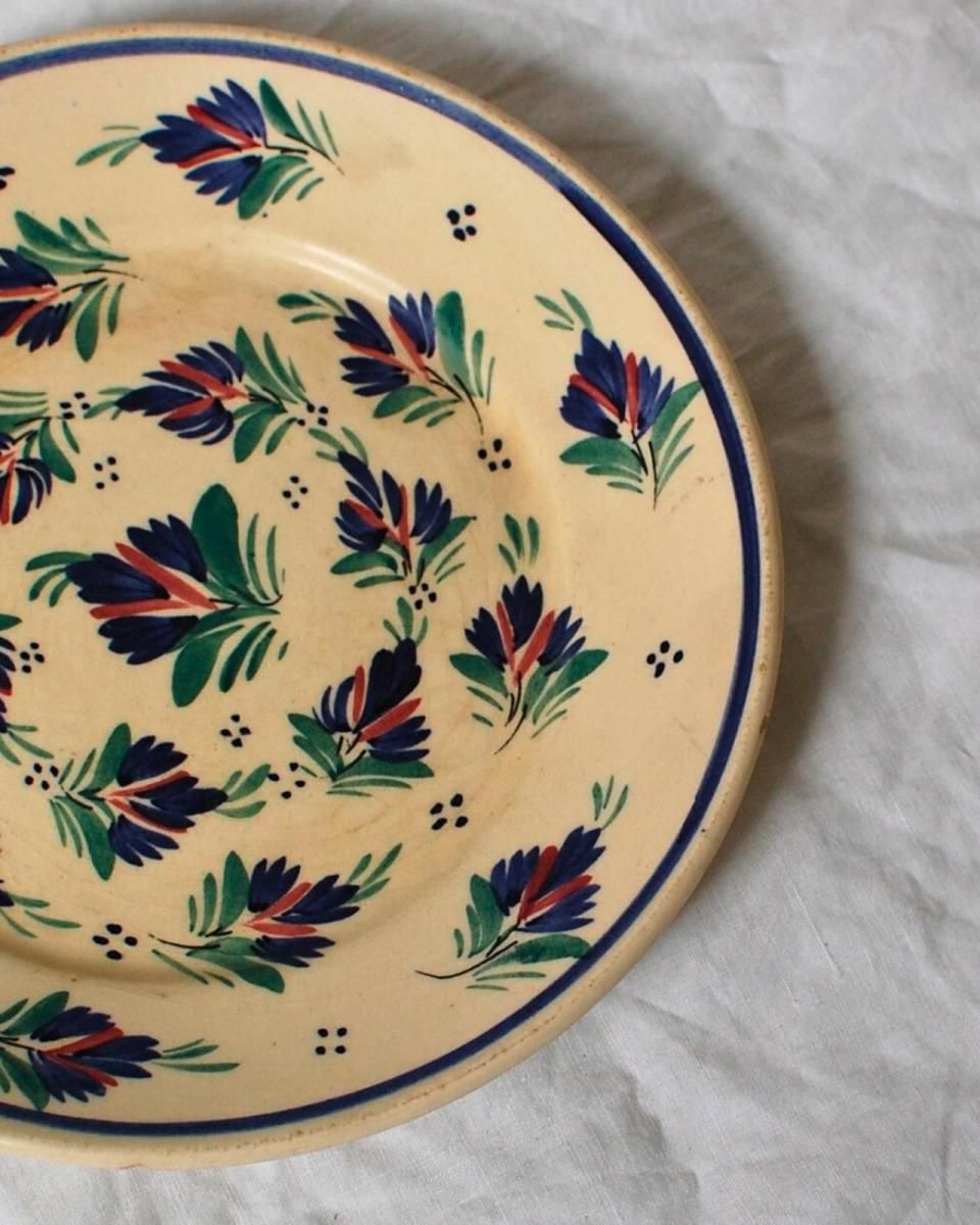 カンペール焼き 手描き青花柄平皿 アンティーク