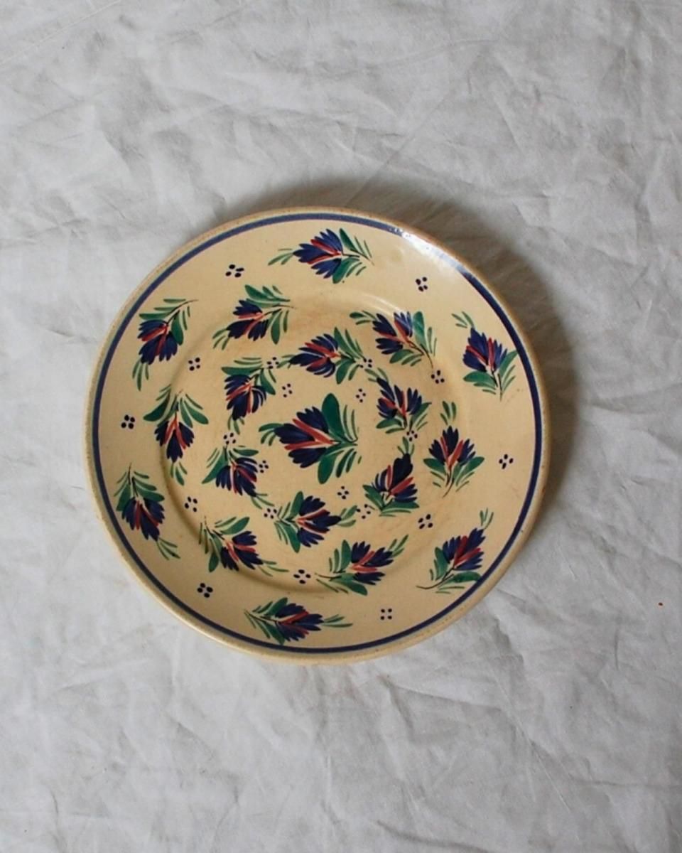 カンペール焼き 手描き青花柄平皿 アンティーク