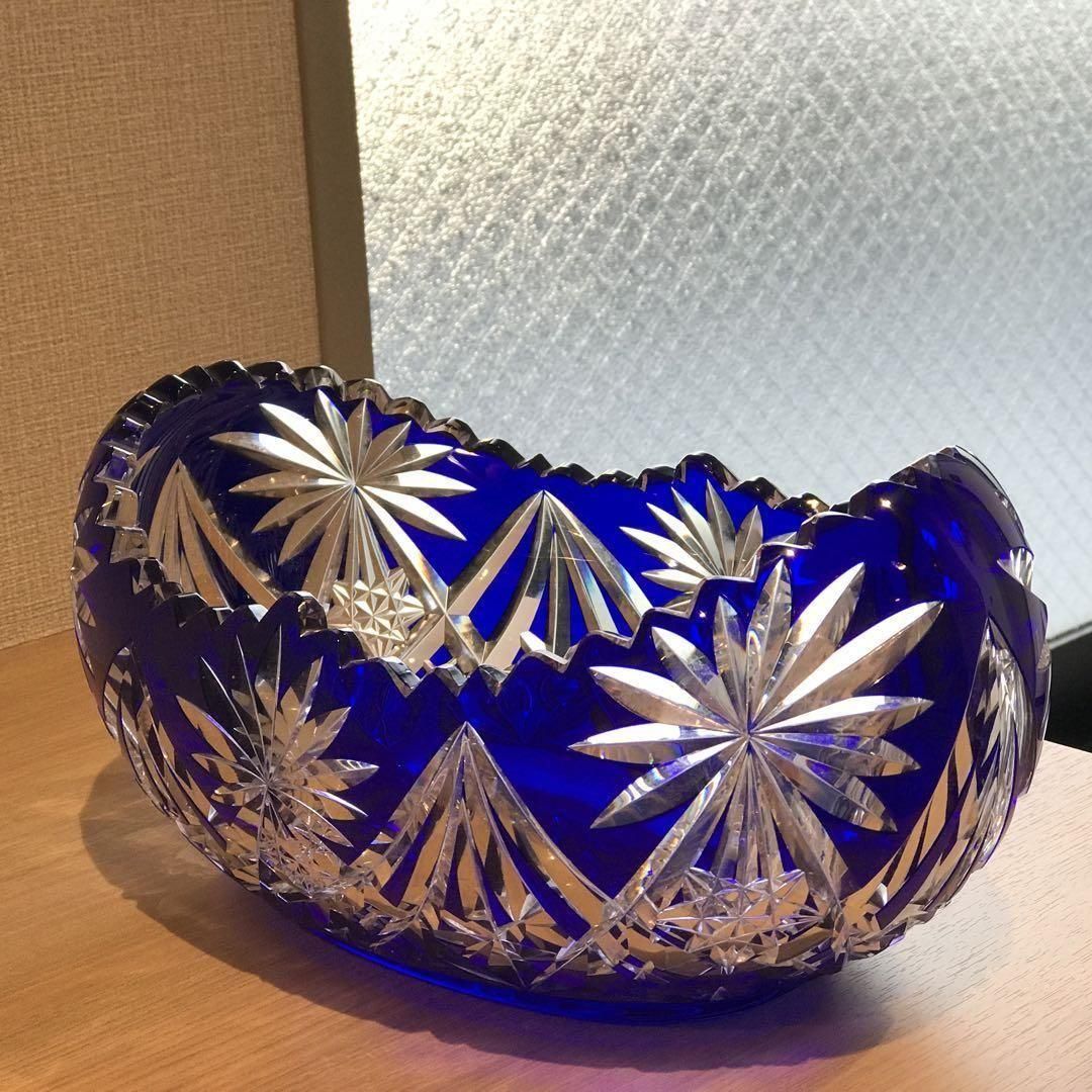 アンティーク サンルイ 青色被せ大型切子鉢 1930年製