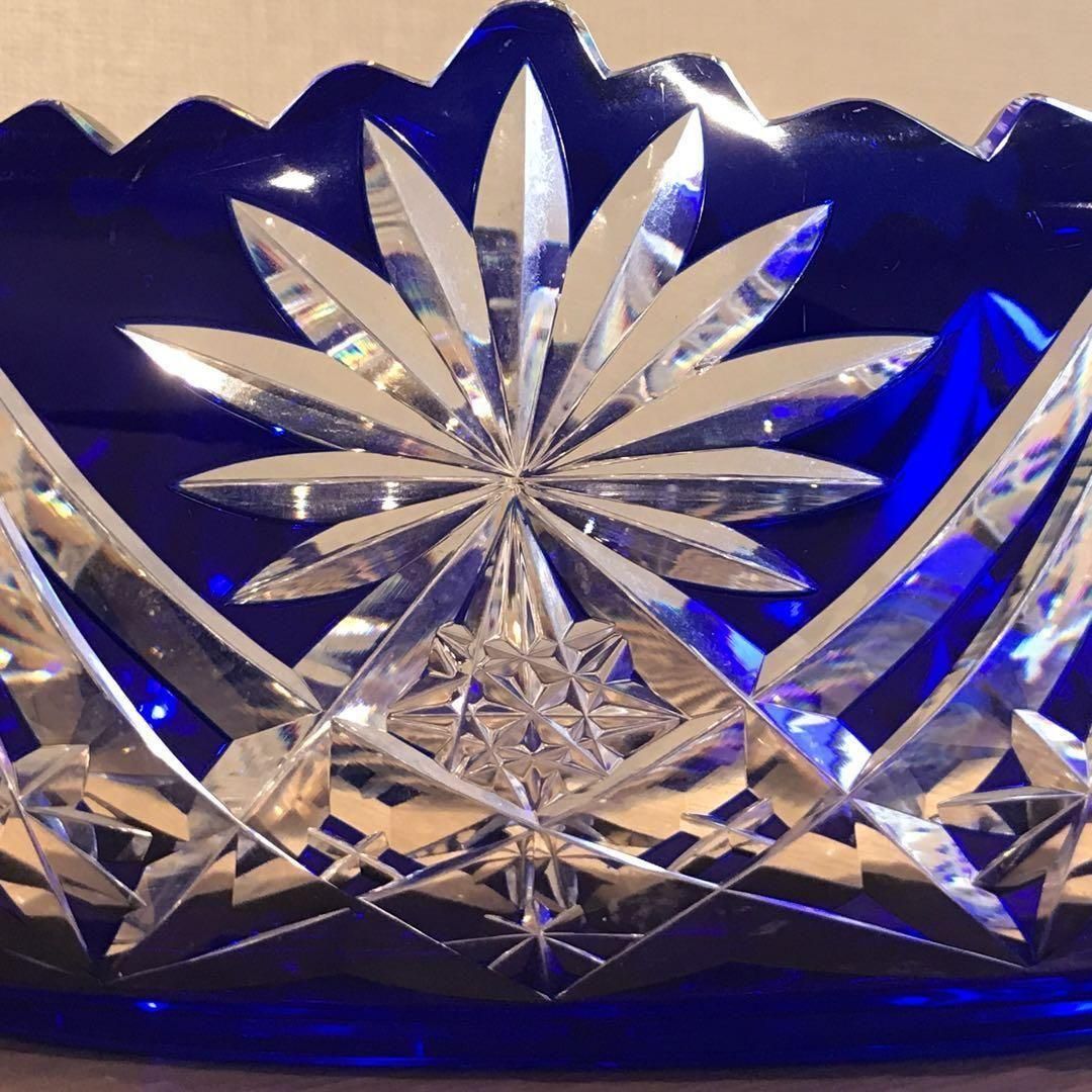 極希少抜群の存在感！サンルイSt Louis美しい青色被せ大型切子鉢★1930年 アンティーク サンルイ 青色被せ大型切子鉢 1930年製