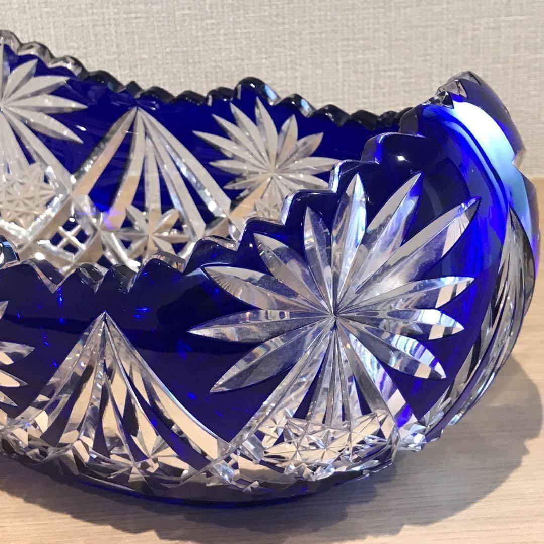 アンティーク サンルイ 青色被せ大型切子鉢 1930年製