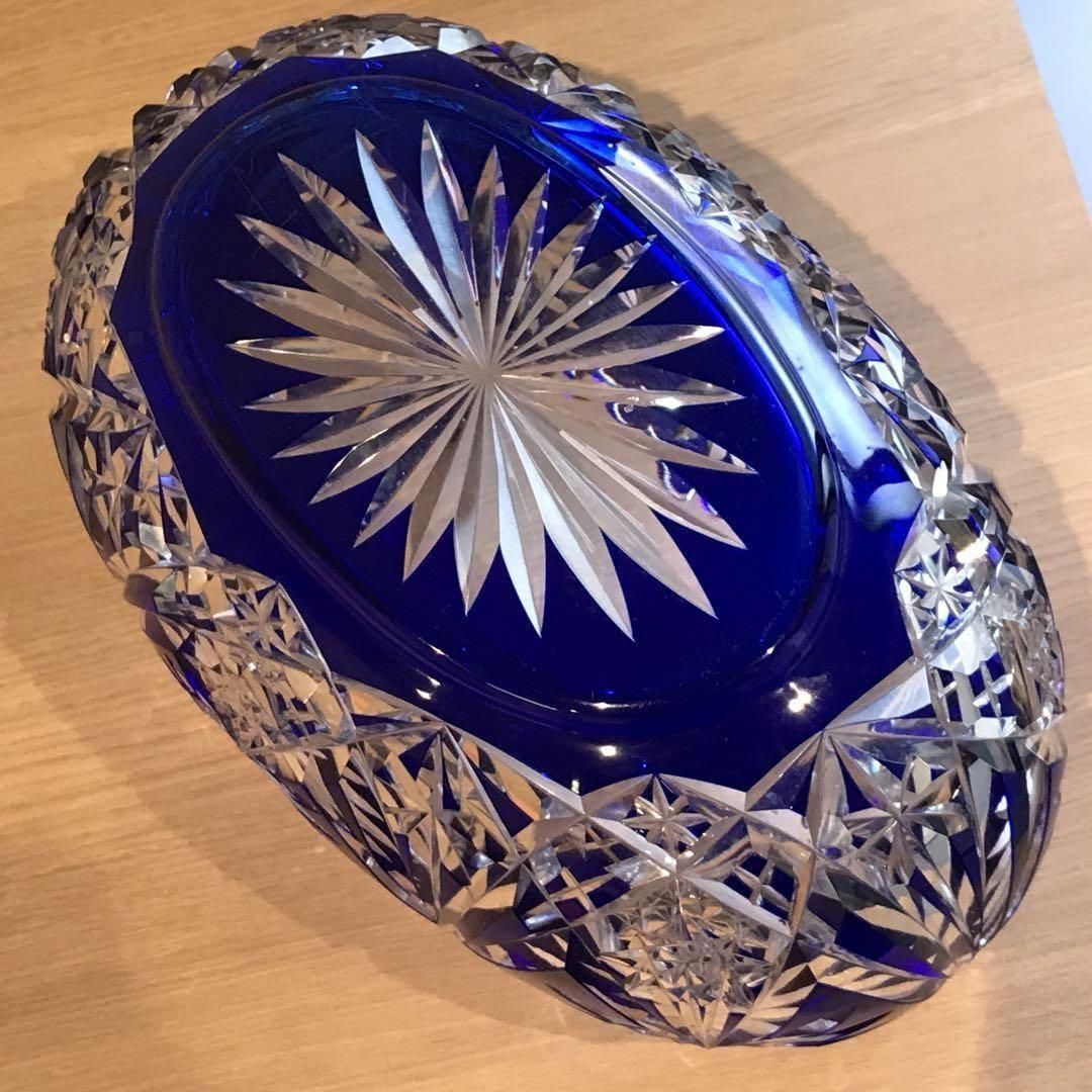 アンティーク サンルイ 青色被せ大型切子鉢 1930年製