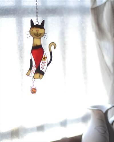 ドイツ製 ヴィンテージ ステンドグラス風 猫サンキャッチャー